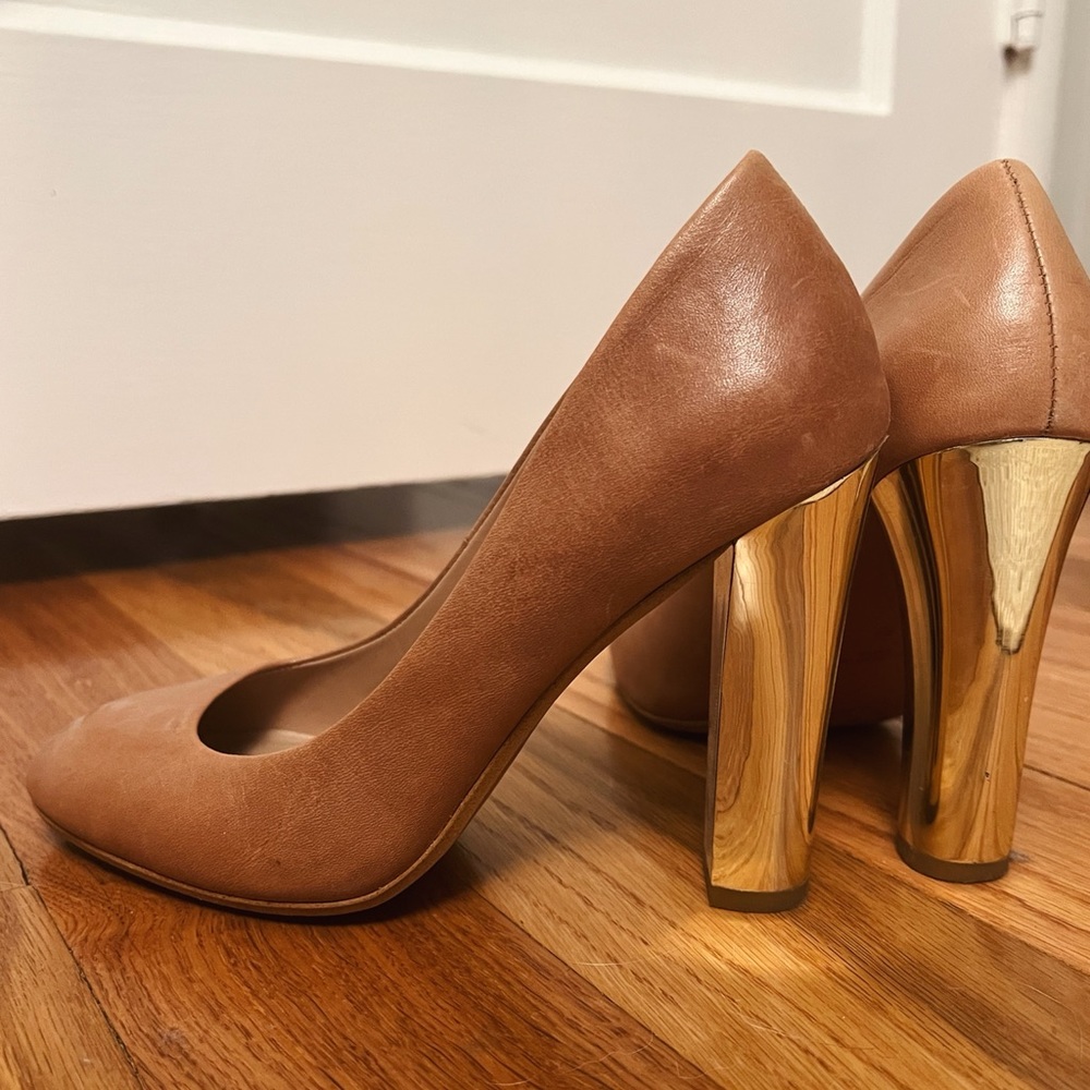 Metallic gold heeled tan leather Zara pump heels